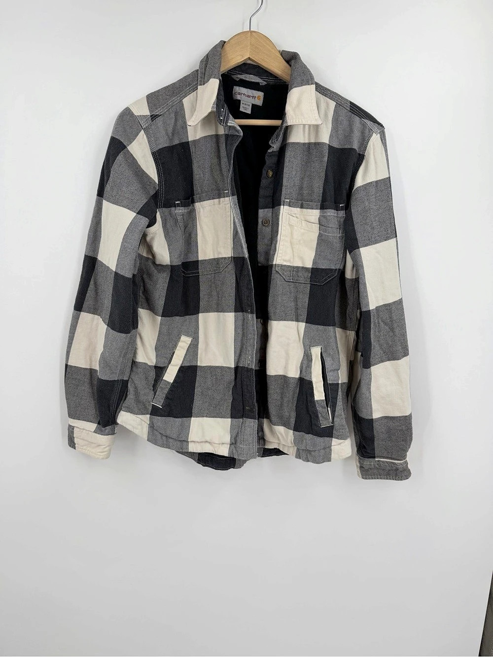 Carhartt Women's Flannel Shacket Black Cream Buffalo Plaid Sz M